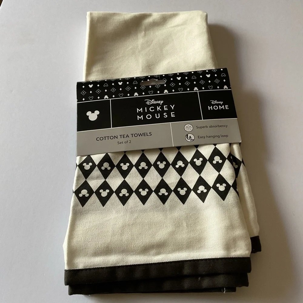 DISNEY SET OF 2 COTTON TEA DISH TOWELS MICKEY MOUSE BLACK AND WHITE NWT